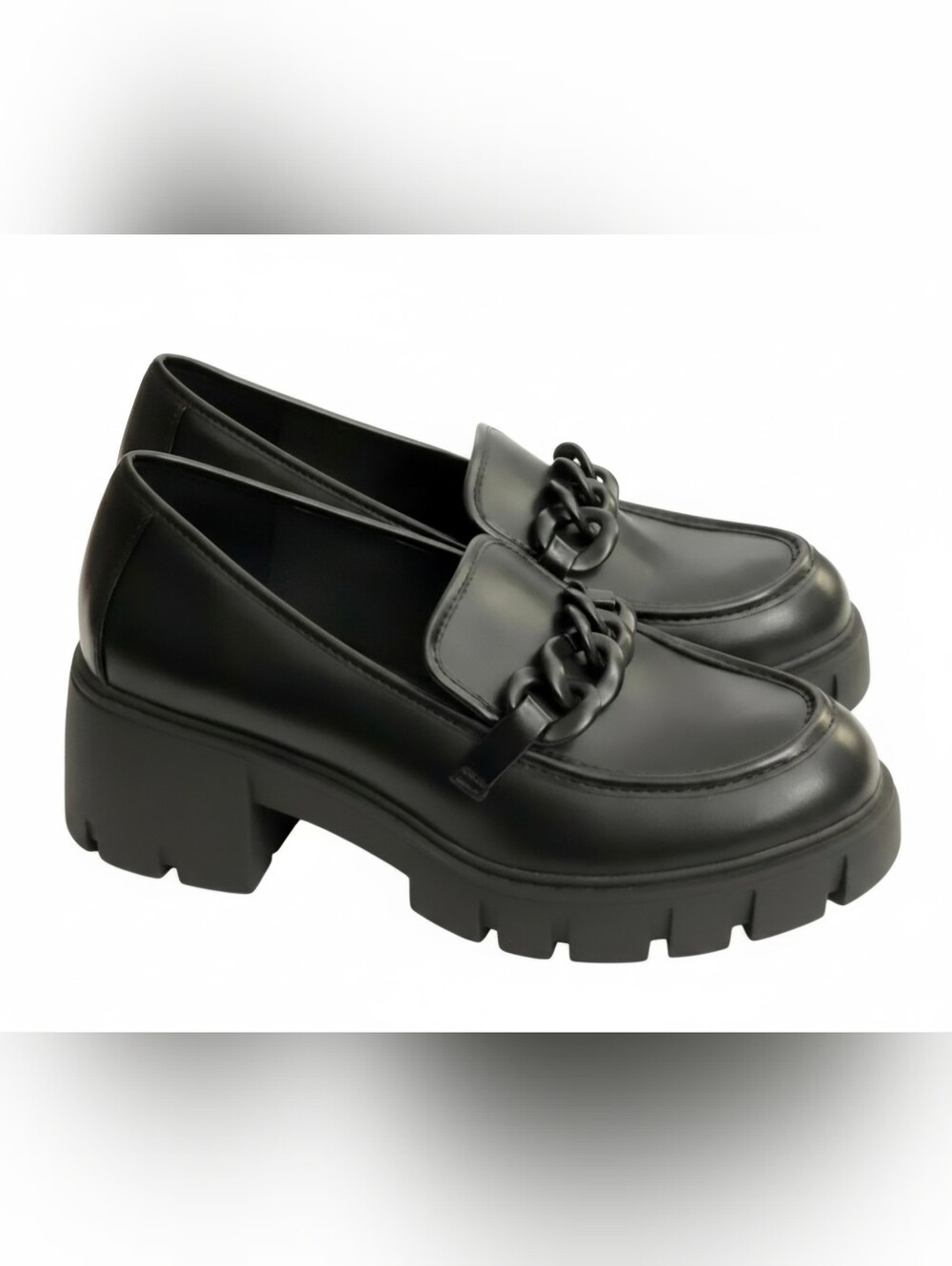 Black Chunky Chain Loafer Heels - Women